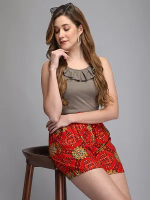 Red printed rayon women shorts