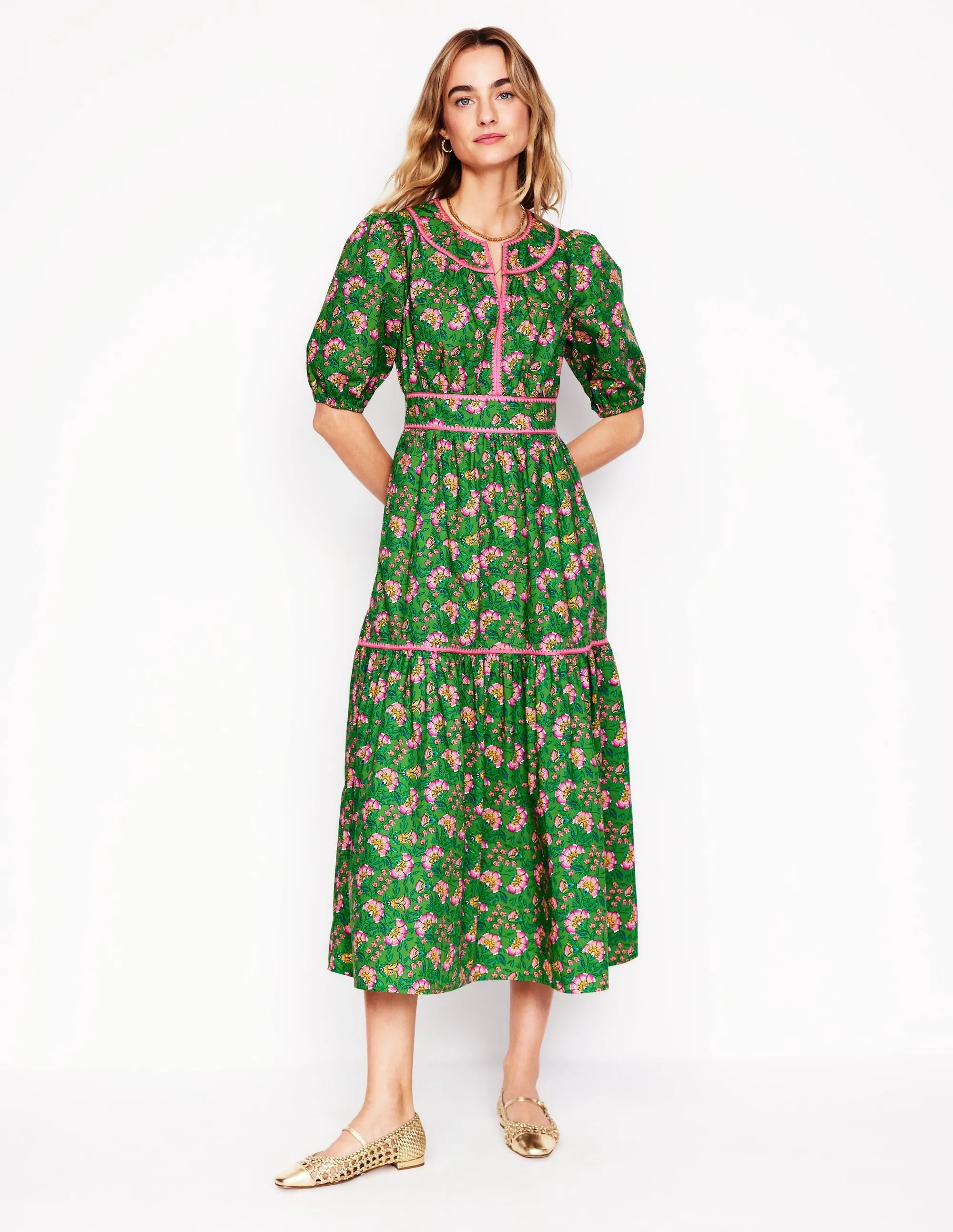 Rhea Embroidered Midi Dress-Green, Decorative Vine