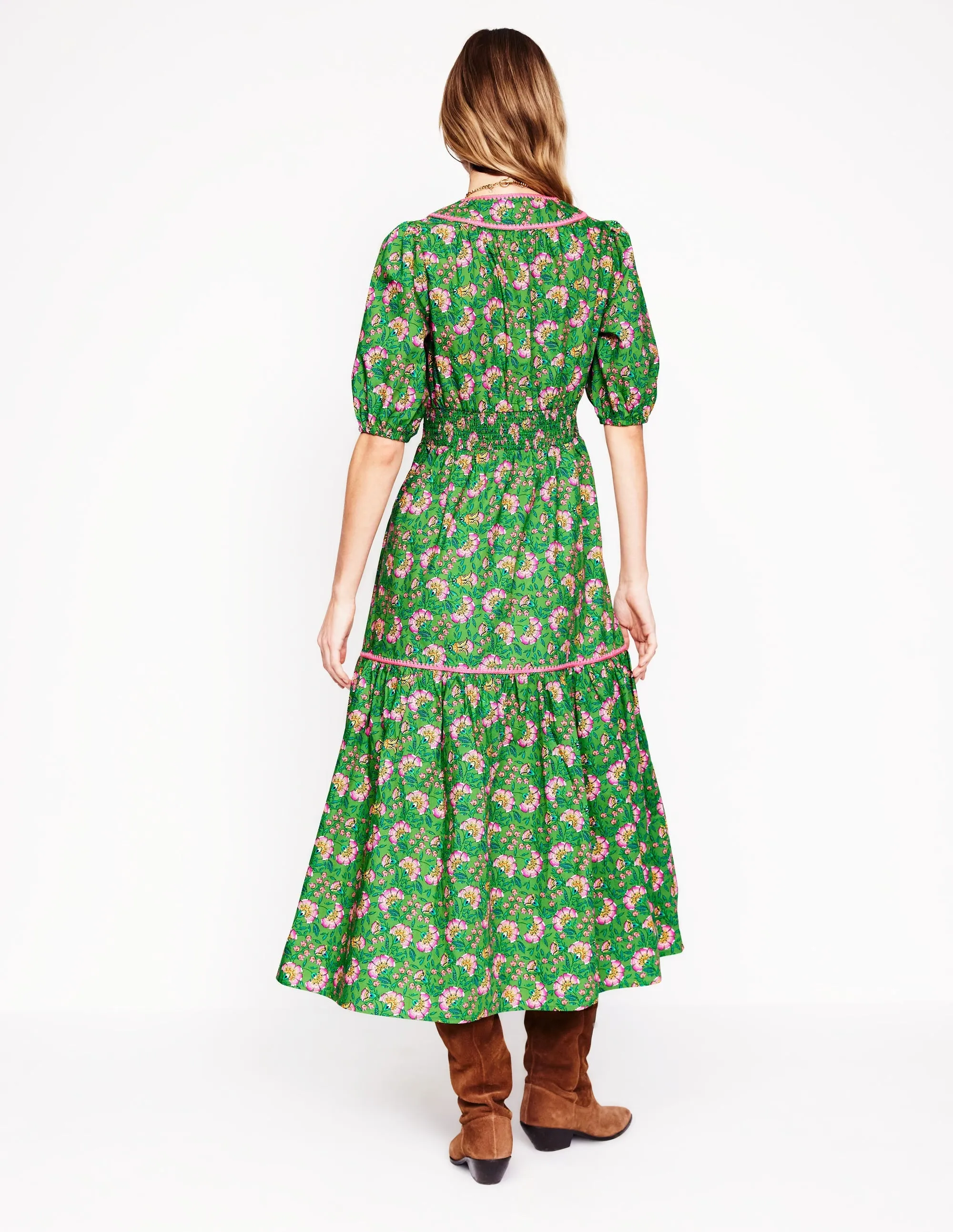 Rhea Embroidered Midi Dress-Green, Decorative Vine