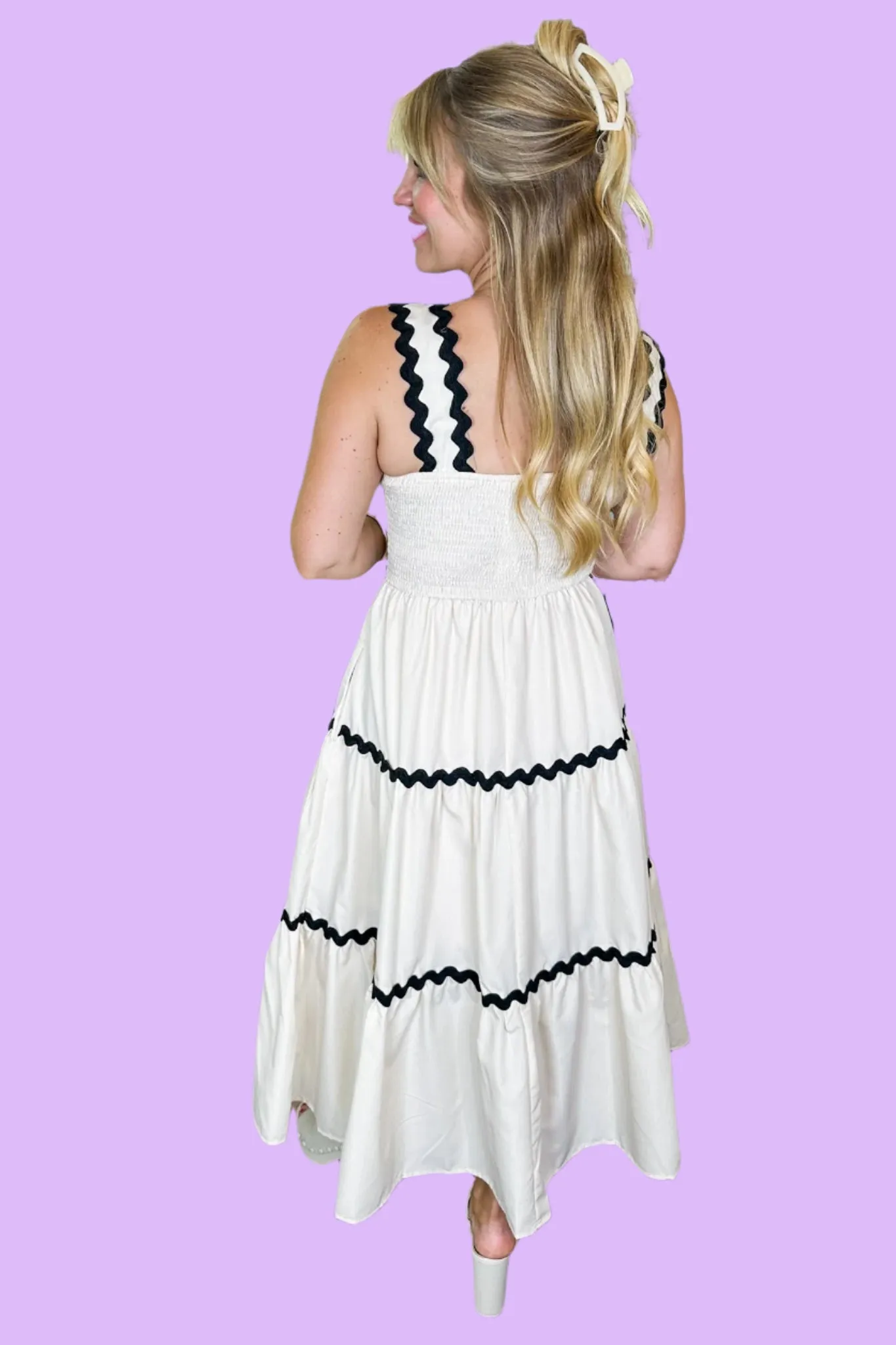 Ric Rac Trim Tiered Midi Tank Dress in Cream
