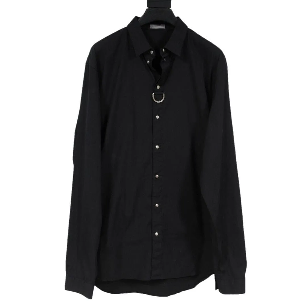 Ring Snap Button Down Shirt Black Cotton Stretch Long Sleeve