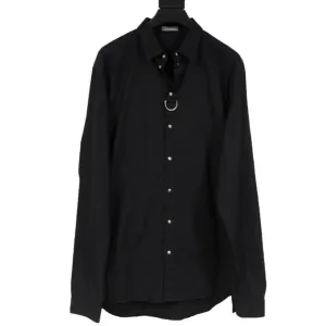 Ring Snap Button Down Shirt Black Cotton Stretch Long Sleeve