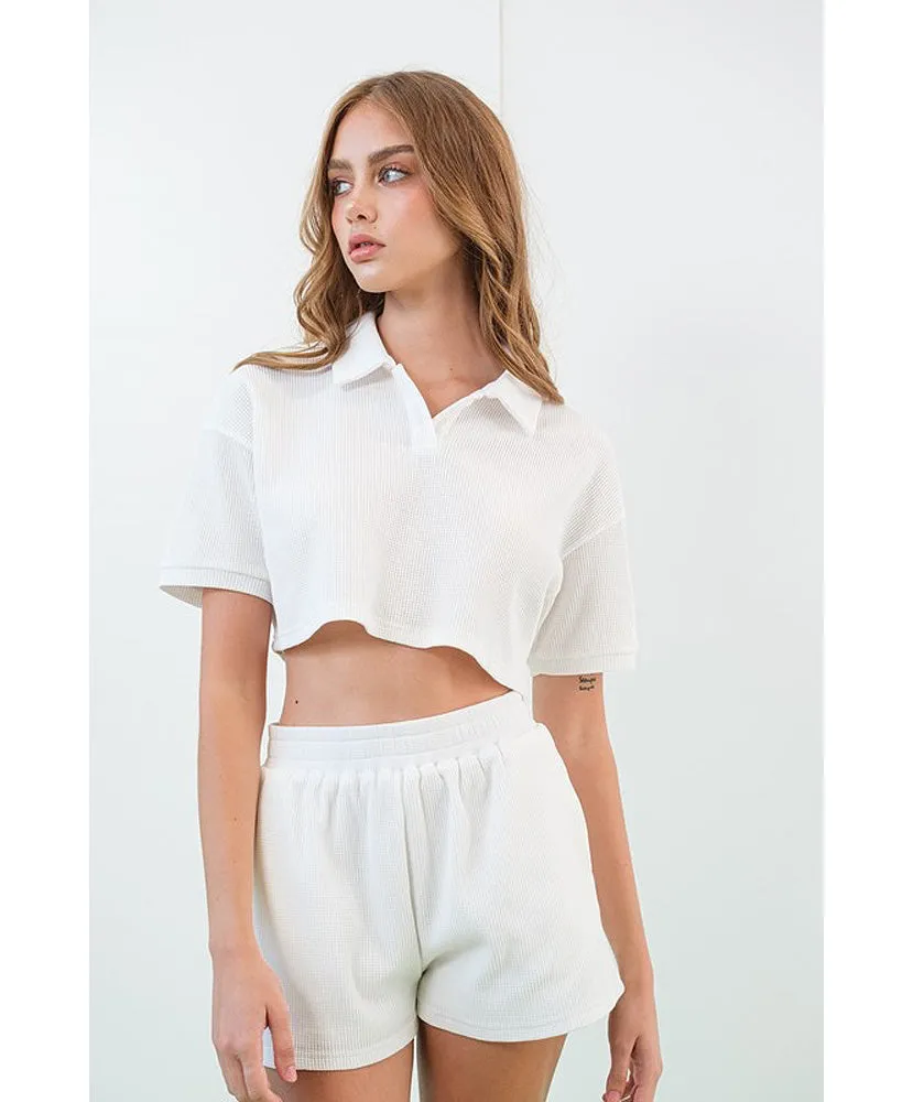 River Waffle Crop Polo Top and Shorts Set