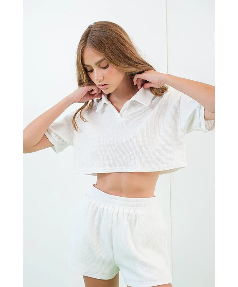 River Waffle Crop Polo Top and Shorts Set
