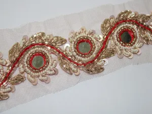 Rose Golden White Pearl and Cutdana Beads Work Embroidered Border