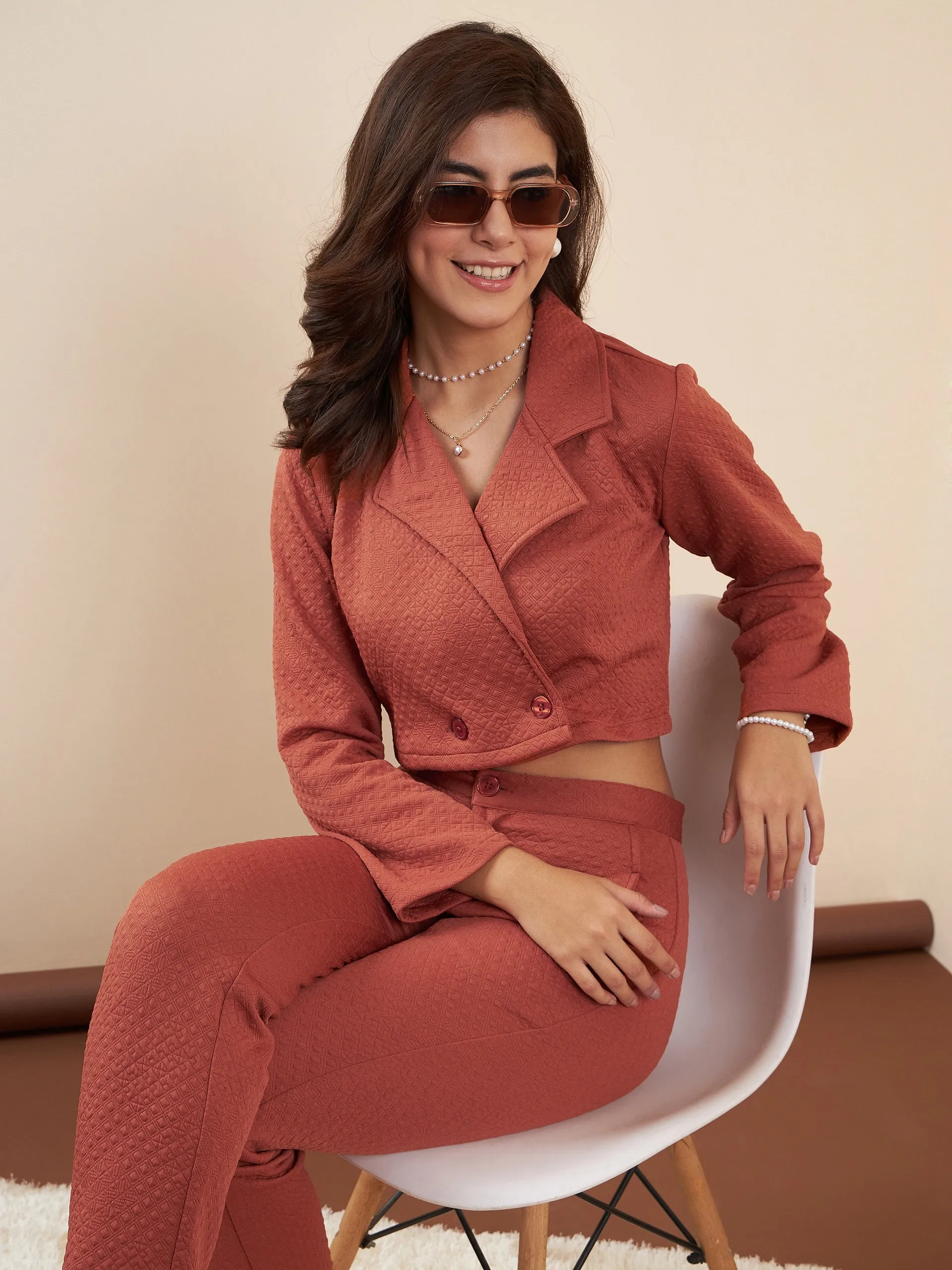 Rust Polyester Jacquard Crop Blazer Co-Ord Set