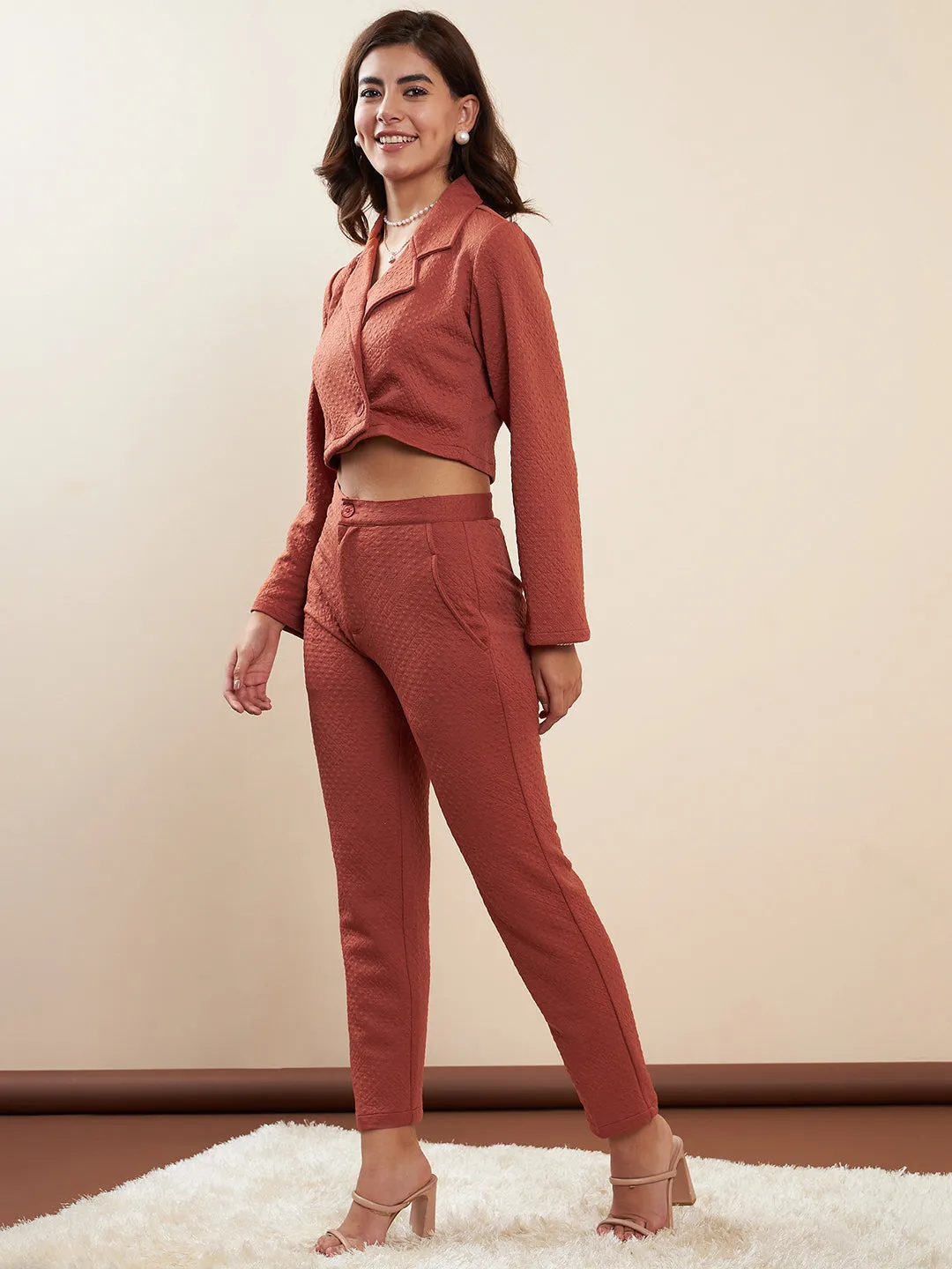 Rust Polyester Jacquard Crop Blazer Co-Ord Set