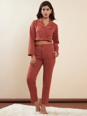 Rust Polyester Jacquard Crop Blazer Co-Ord Set