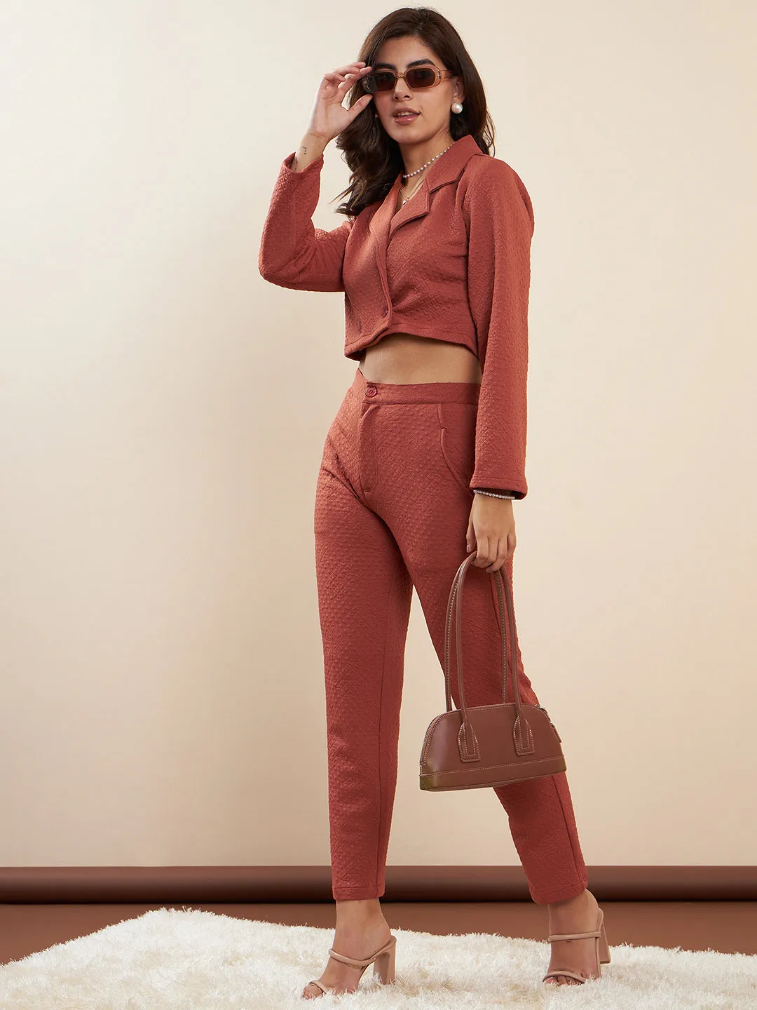 Rust Polyester Jacquard Crop Blazer Co-Ord Set