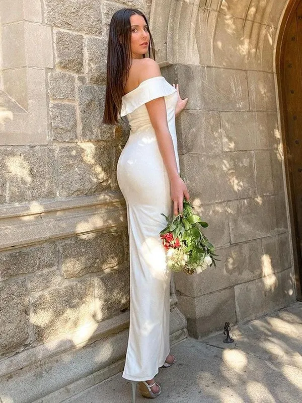 Sheath/Column Stretch Crepe Ruffles Off-the-Shoulder Sleeveless Floor-Length Wedding Dresses