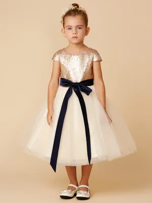 Short Princess Tulle Sequined Jewel Neck Pageant Flower Girl Dresses with Sleeves