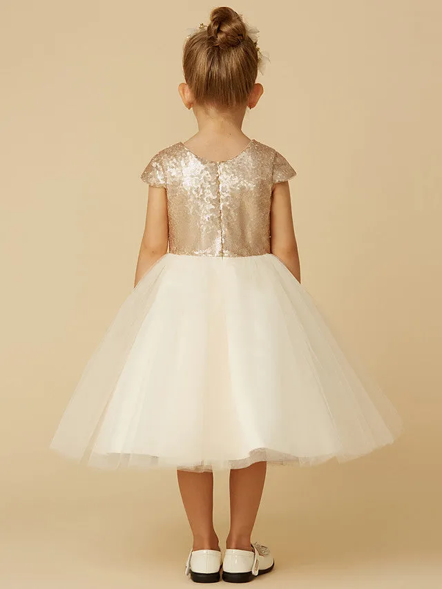 Short Princess Tulle Sequined Jewel Neck Pageant Flower Girl Dresses with Sleeves