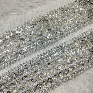 Silver Fancy Flower Design Sequins Work Trim