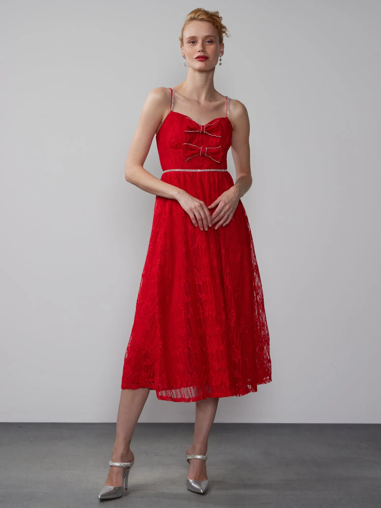 Sleeveless Rhinestone Bow Lace Tiered Midi Dress