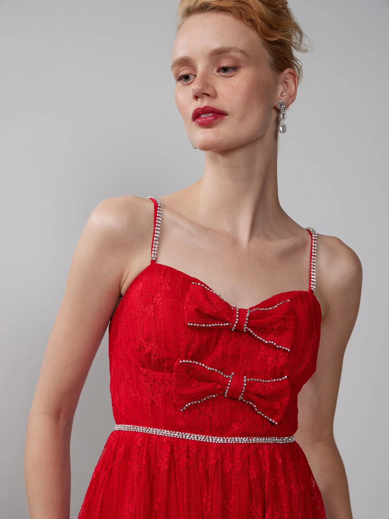 Sleeveless Rhinestone Bow Lace Tiered Midi Dress