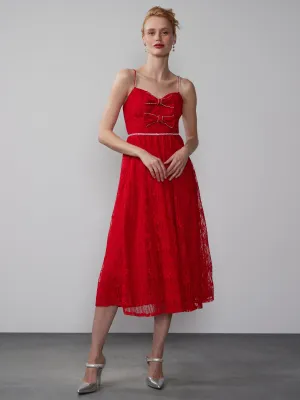 Sleeveless Rhinestone Bow Lace Tiered Midi Dress
