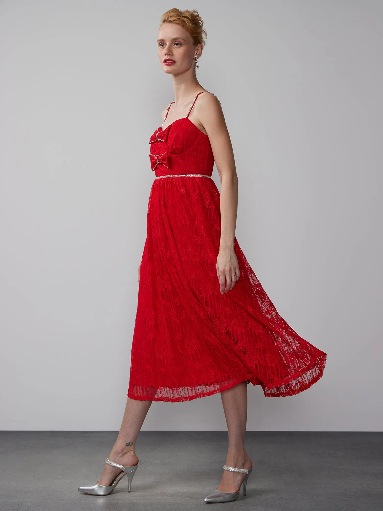 Sleeveless Rhinestone Bow Lace Tiered Midi Dress