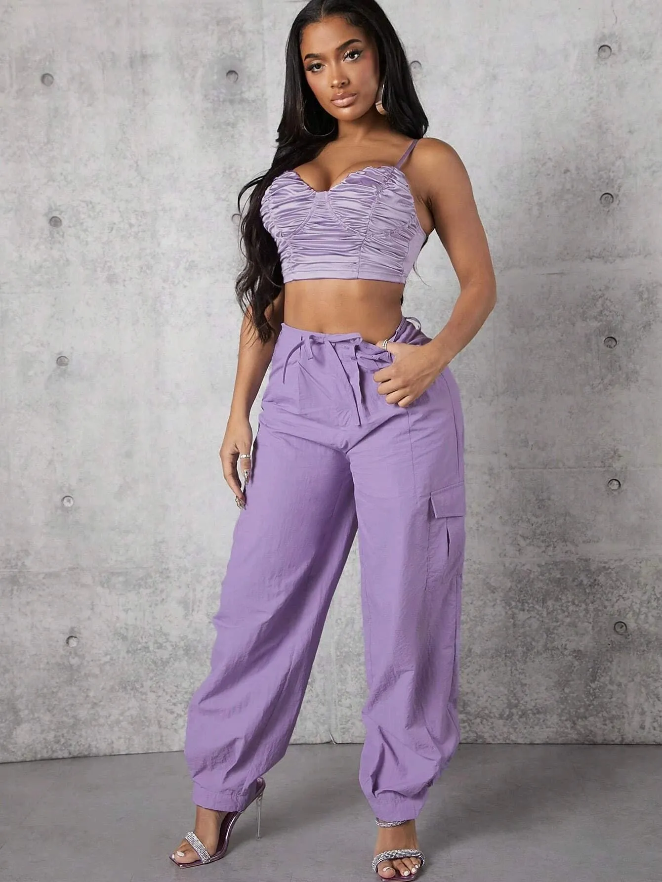 Solid Color Drawstring Waist Flap Pocket Belted Cargo Pants