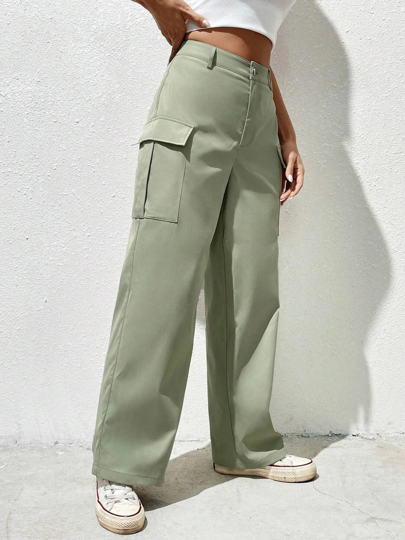 Solid Color Flap Pocket Side Cargo Pants