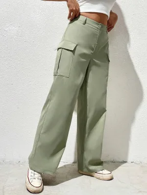 Solid Color Flap Pocket Side Cargo Pants