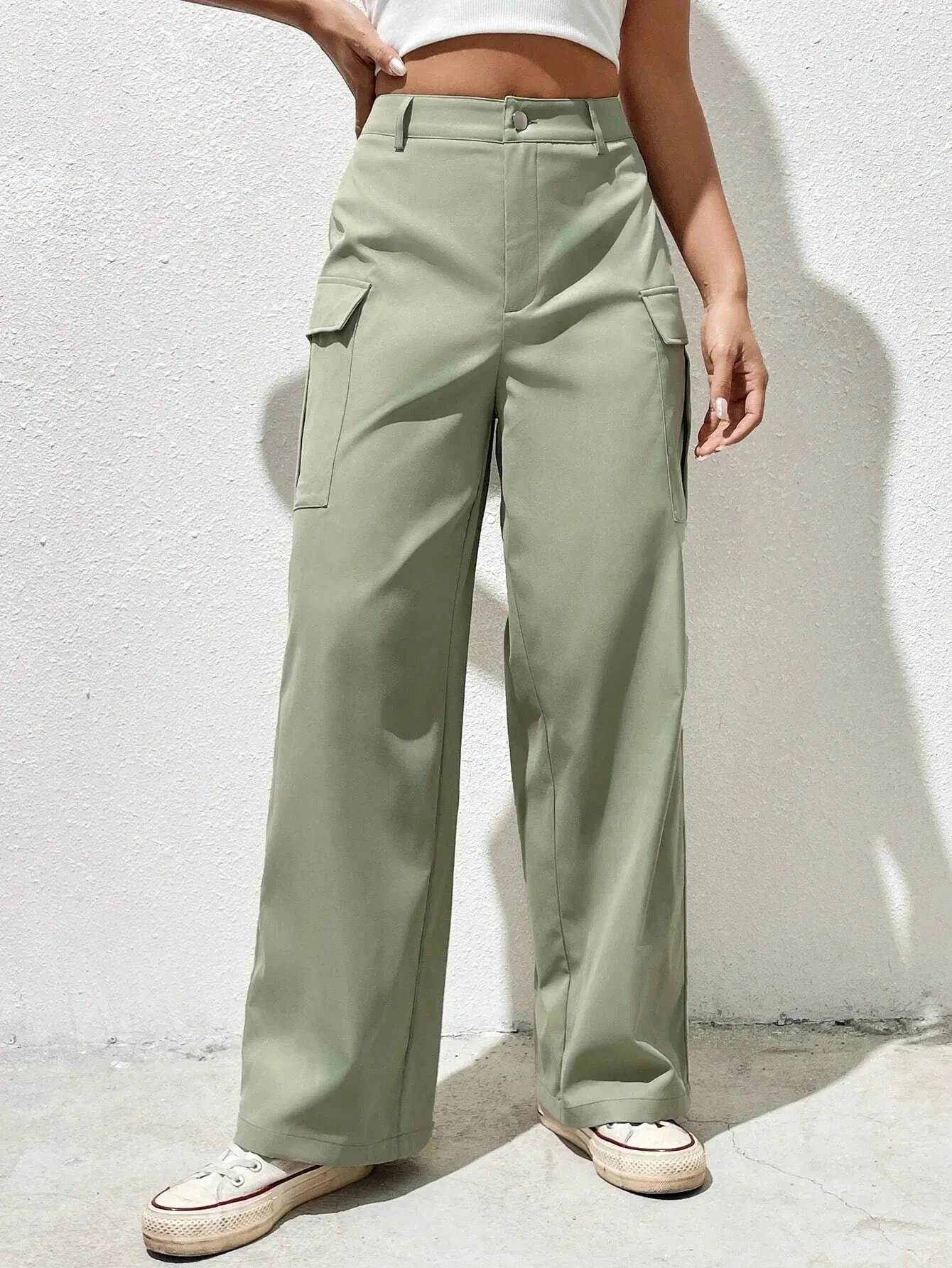 Solid Color Flap Pocket Side Cargo Pants