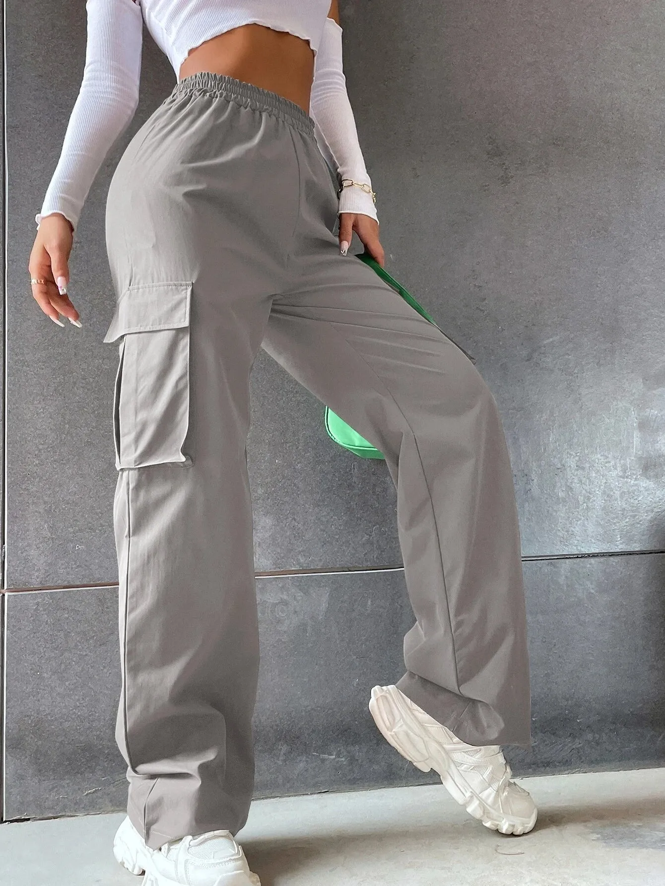 Solid Colored High Waist Cargo Pants