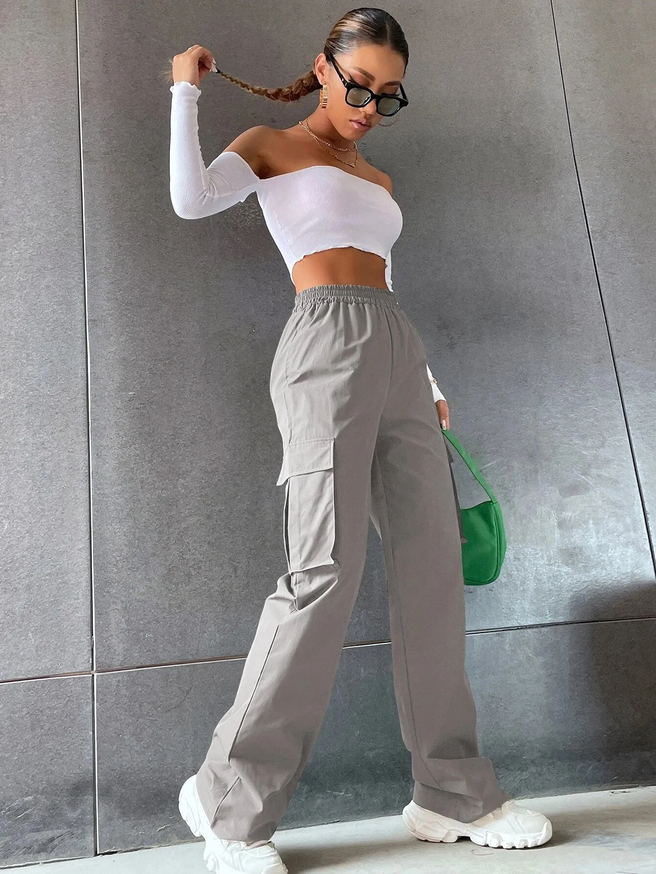 Solid Colored High Waist Cargo Pants