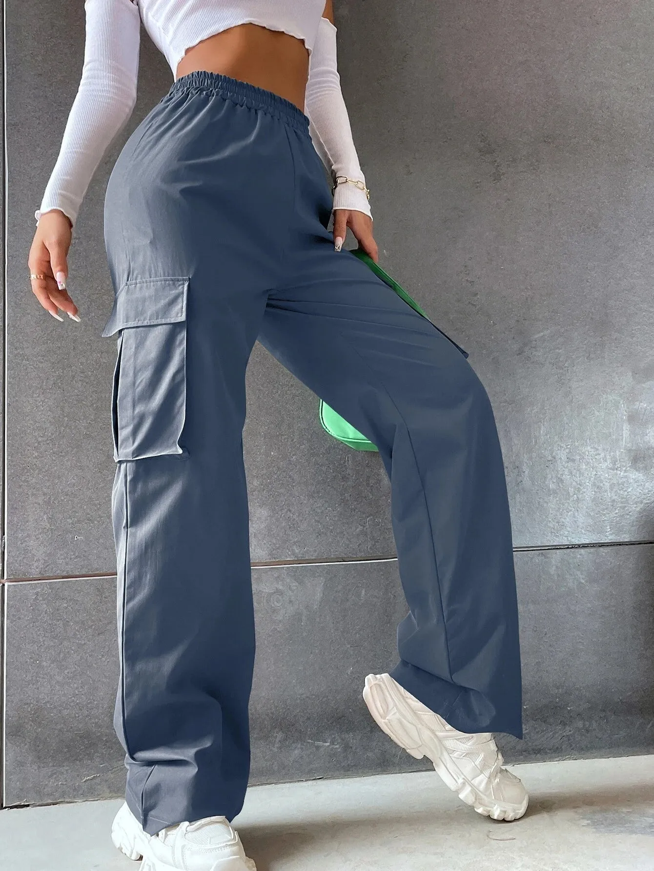 Solid Colored High Waist Cargo Pants