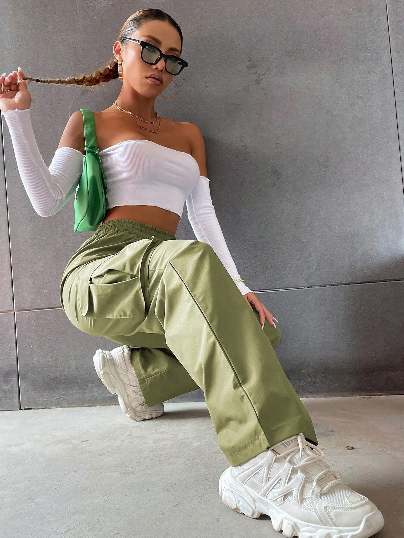 Solid Colored High Waist Cargo Pants