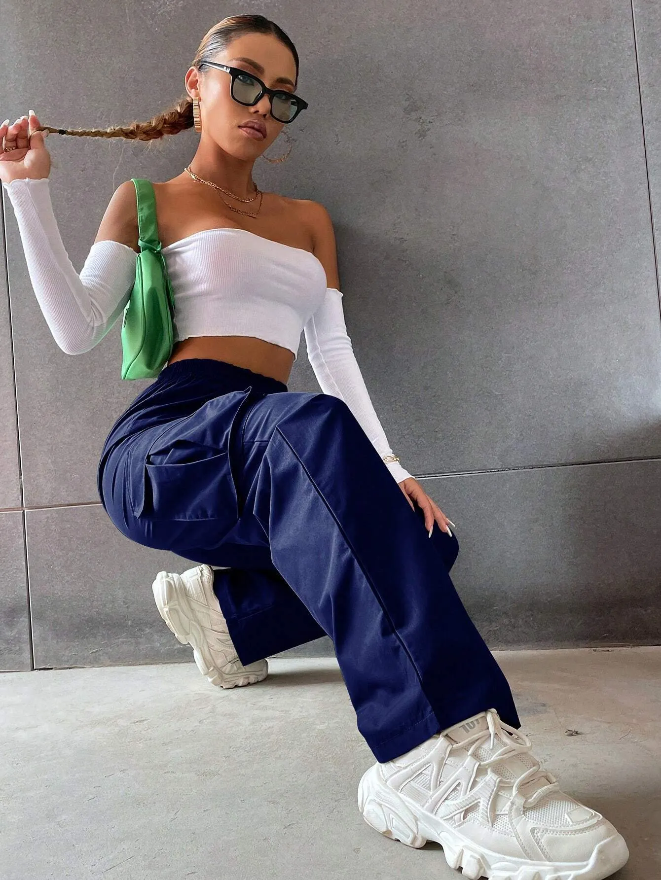 Solid Colored High Waist Cargo Pants