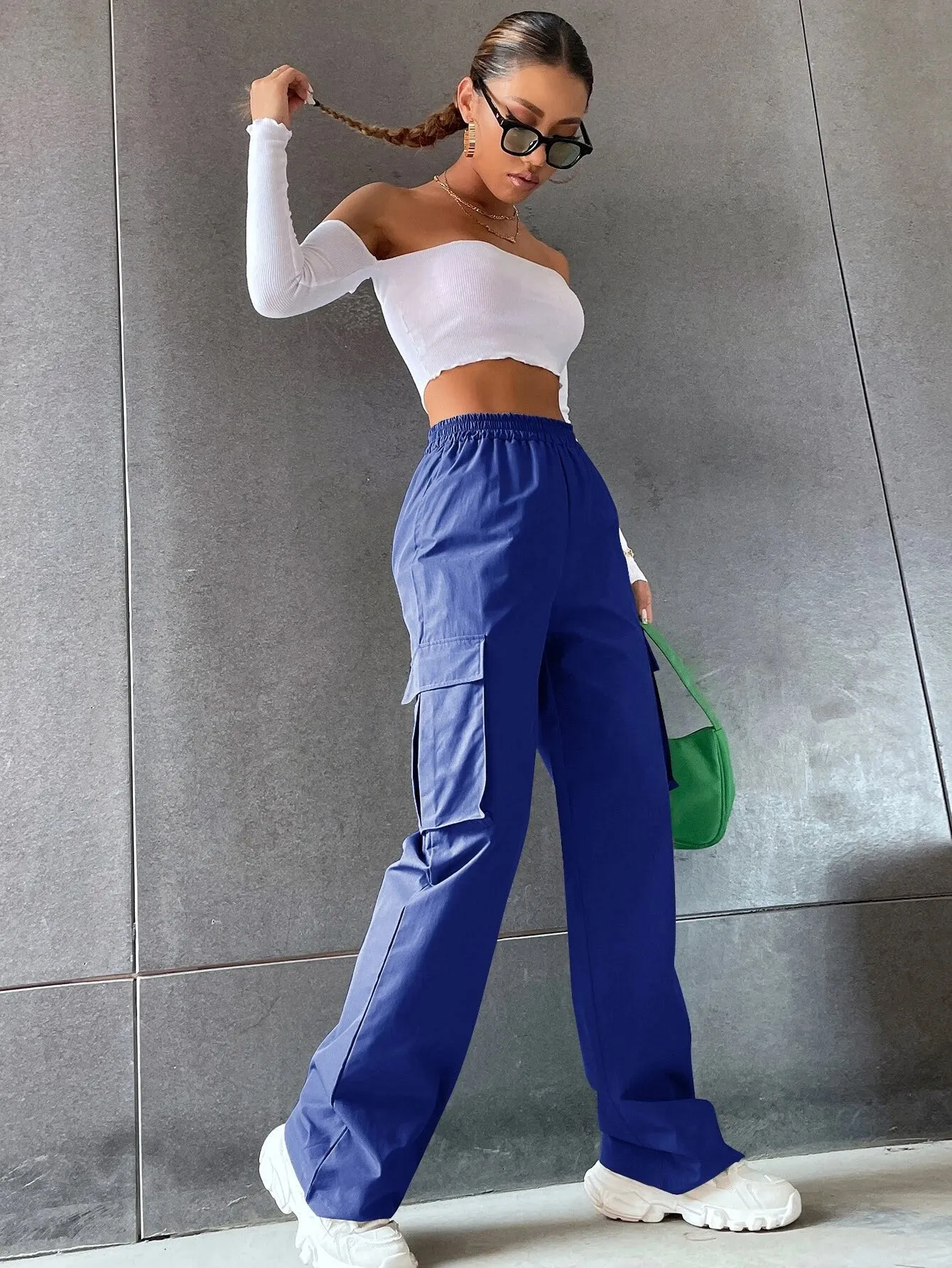Solid Colored High Waist Cargo Pants