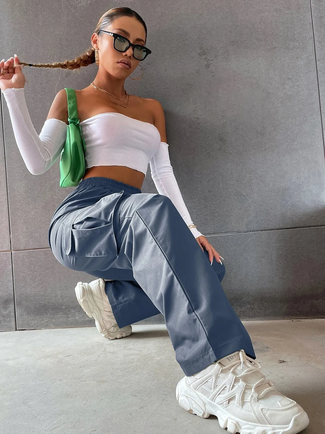 Solid Colored High Waist Cargo Pants