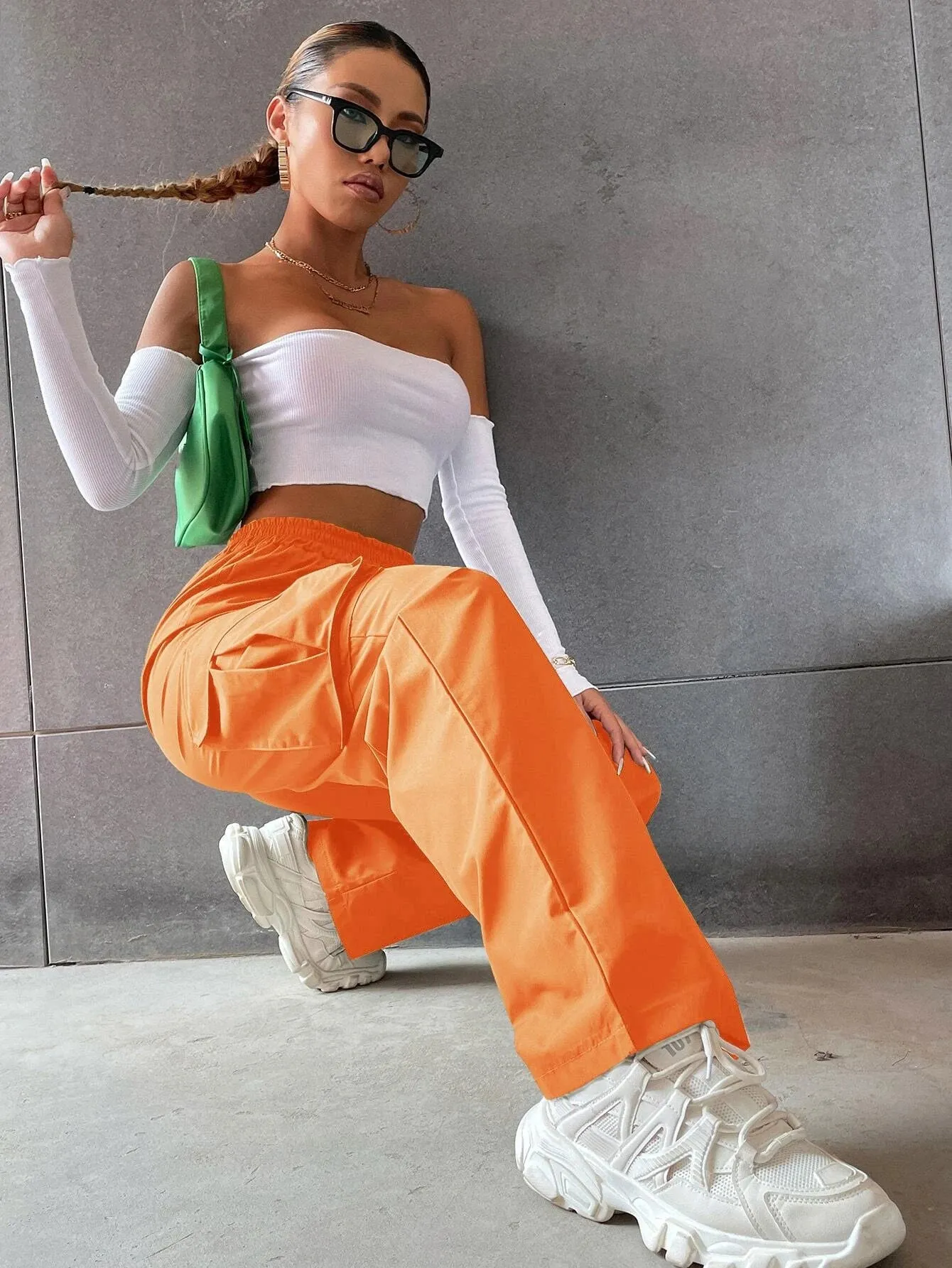 Solid Colored High Waist Cargo Pants