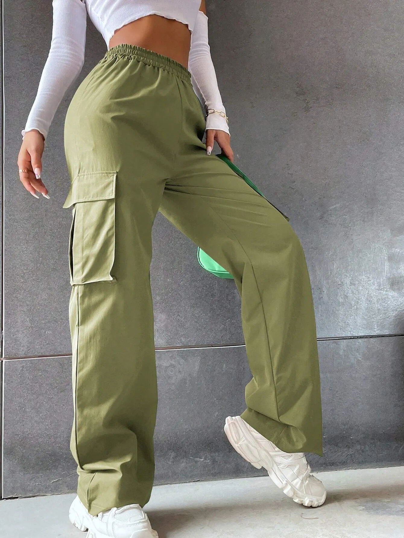 Solid Colored High Waist Cargo Pants