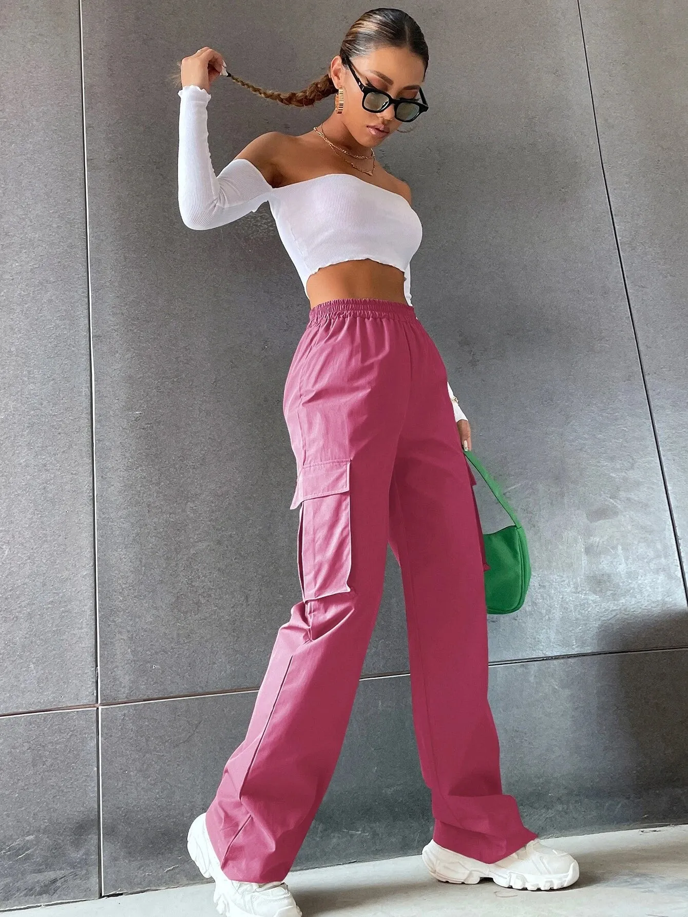 Solid Colored High Waist Cargo Pants