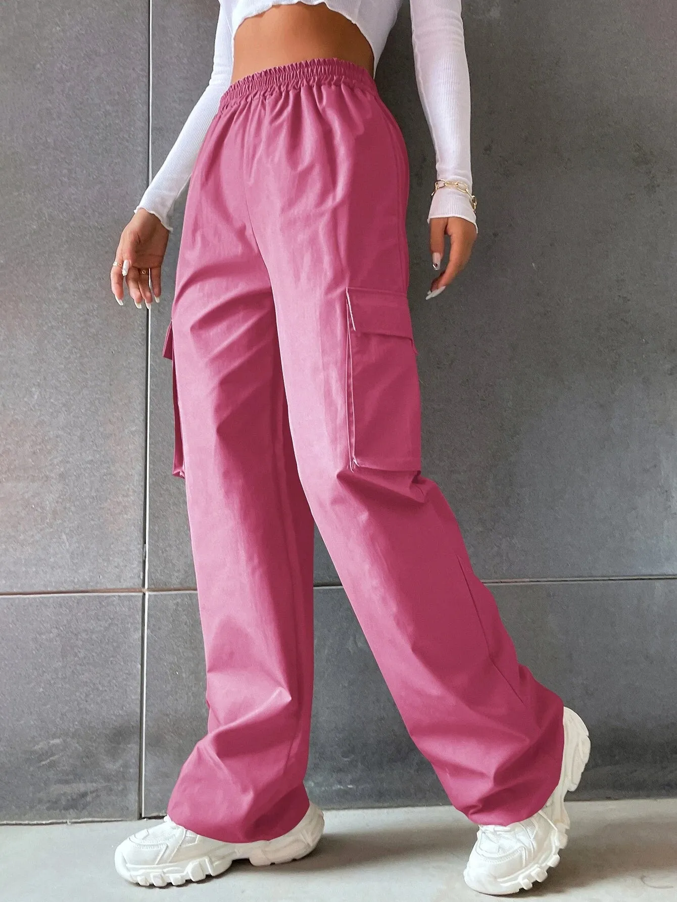 Solid Colored High Waist Cargo Pants
