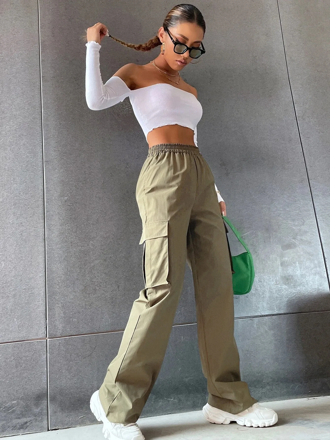 Solid Colored High Waist Cargo Pants
