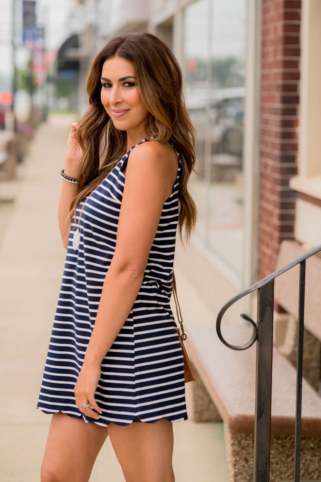 Striped Scalloped Trim Halter Tank Dress
