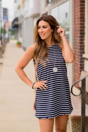 Striped Scalloped Trim Halter Tank Dress