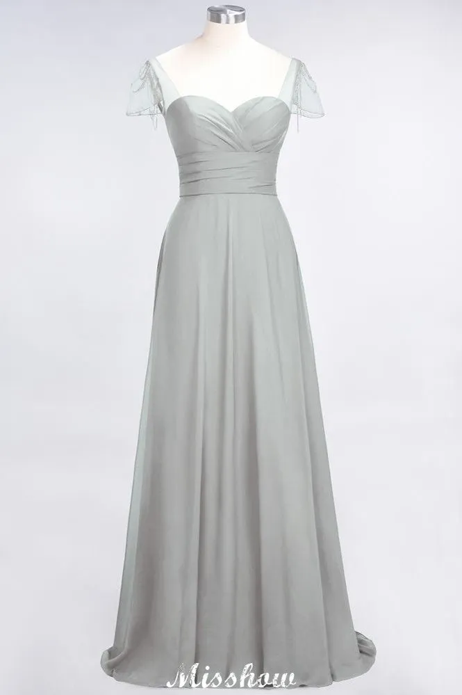 Sweetheart Cap-Sleeves Ruffle Floor-Length Bridesmaid Dress with Beadings Moher if the Bride Dresses