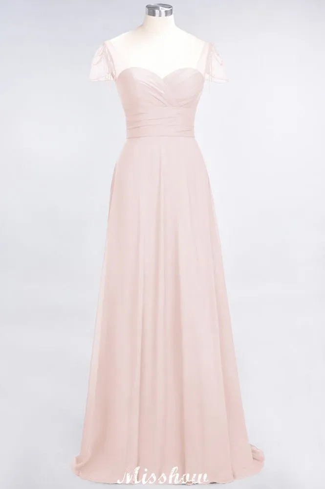 Sweetheart Cap-Sleeves Ruffle Floor-Length Bridesmaid Dress with Beadings Moher if the Bride Dresses