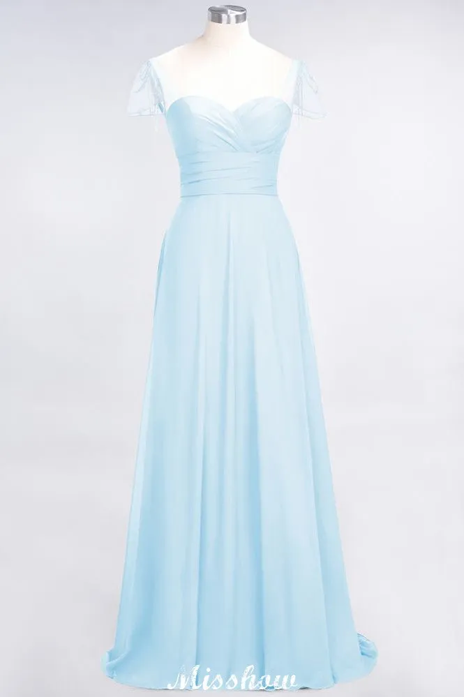 Sweetheart Cap-Sleeves Ruffle Floor-Length Bridesmaid Dress with Beadings Moher if the Bride Dresses