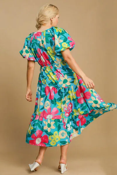 Tiered Floral Print Puff Sleeve Midi Dress