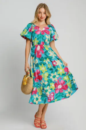 Tiered Floral Print Puff Sleeve Midi Dress