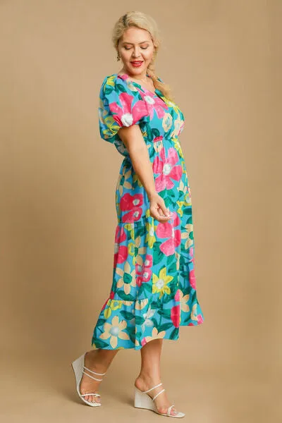 Tiered Floral Print Puff Sleeve Midi Dress