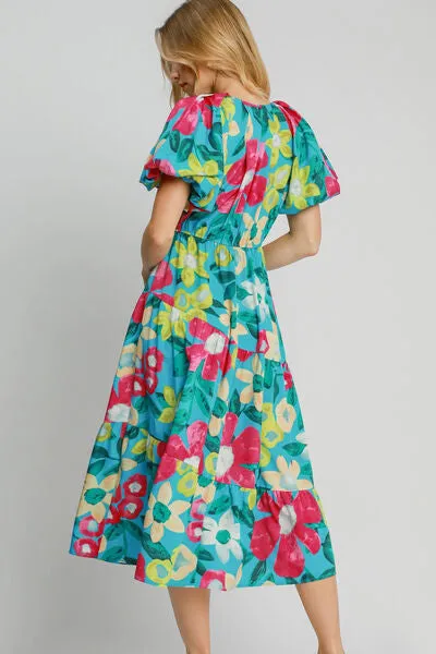 Tiered Floral Print Puff Sleeve Midi Dress