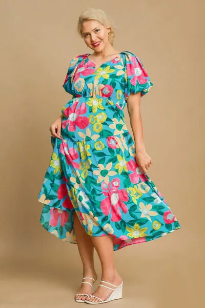 Tiered Floral Print Puff Sleeve Midi Dress