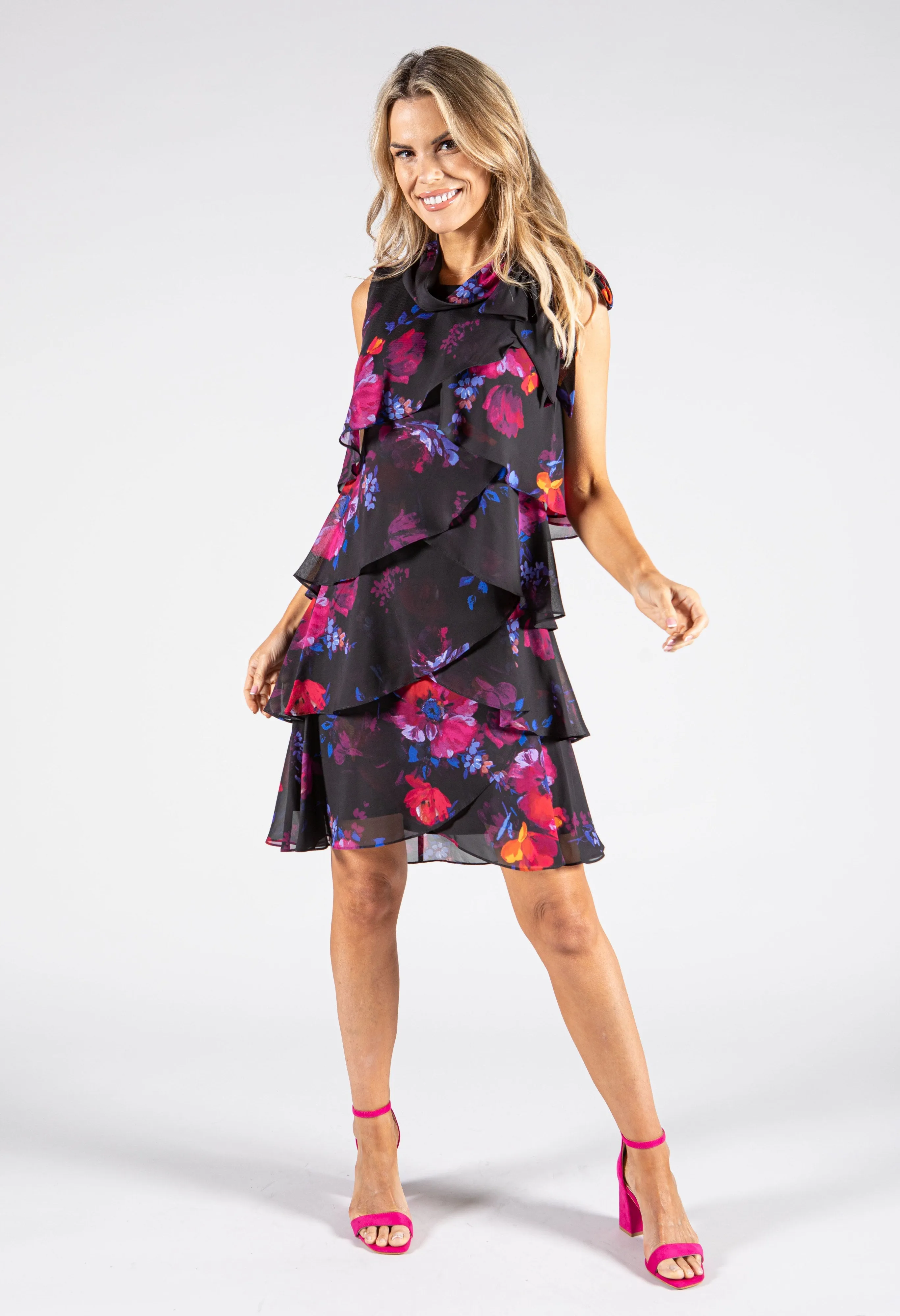 Tiered Tie Neck Floral Dress