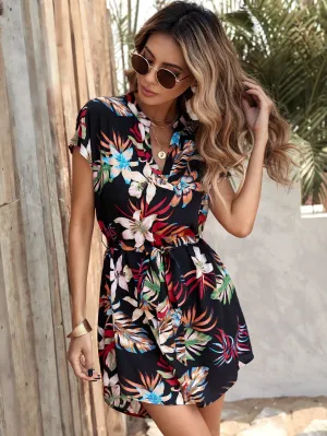 Tropical Belted Cap Sleeve Notched Straight High Waist Short Dress