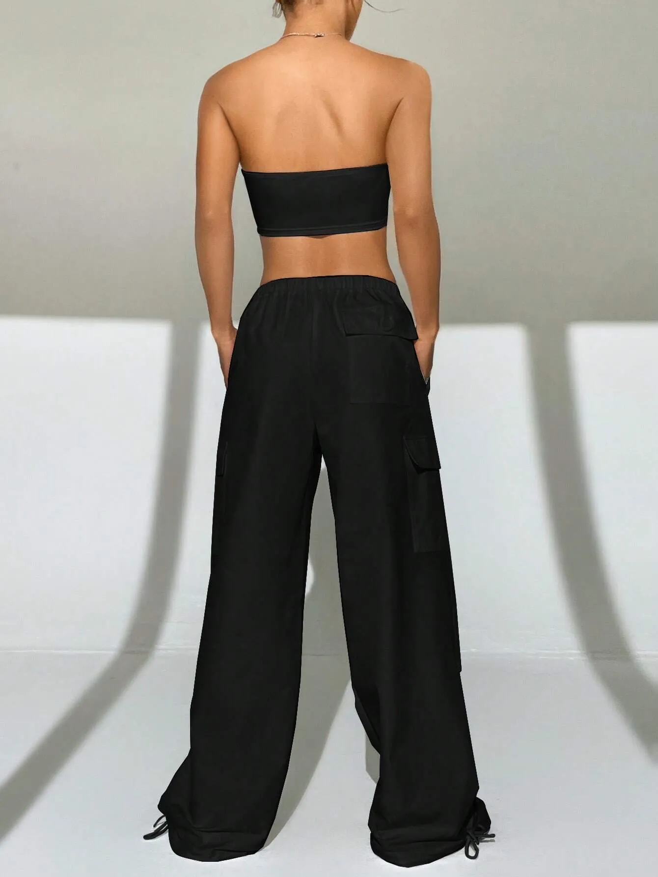 Tube Top And Drawstring Waist Cargo Pants